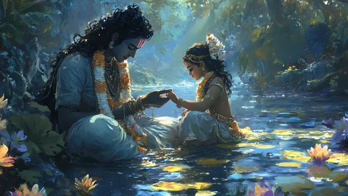 Gentle river blessing shared beneath soft forest light.