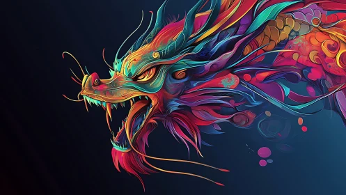 Neon tempest dragon head in flowing abstract ribbons.