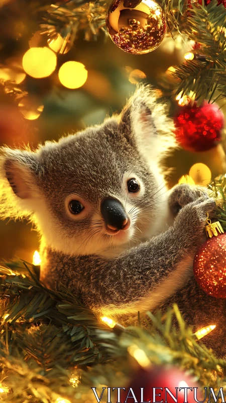 Tiny koala cuddles into glowing Christmas tree magic