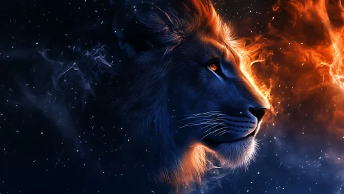 Lion head rendered in glowing blue and orange cosmic light