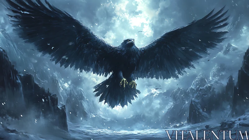 Giant black bird with extended wings over icy mountain pass.