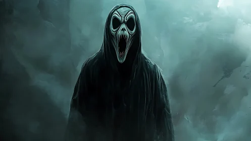 Hooded spectral entity with elongated skull mask in foggy void