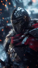 Battle-hardened winter knight stands amid drifting embers