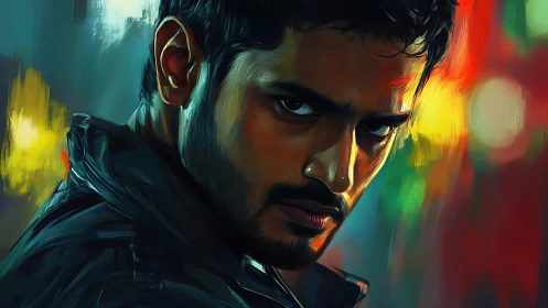 Man stares intensely at viewer in vivid digital portrait