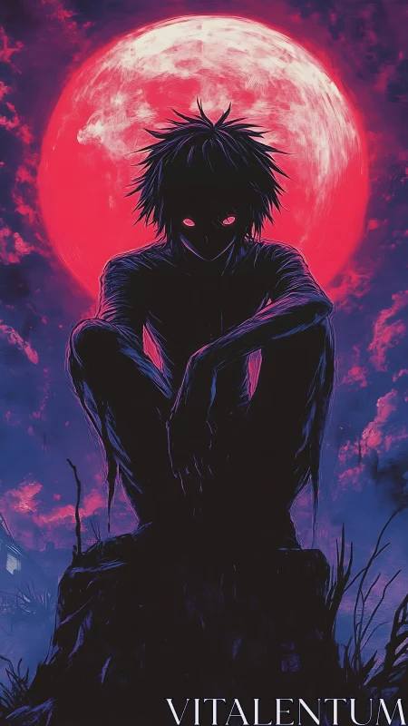 Silhouetted figure crouches before oversized blood-red moon