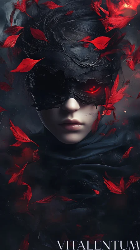 Midnight guardian gazes through shadowed mask and scarlet embers