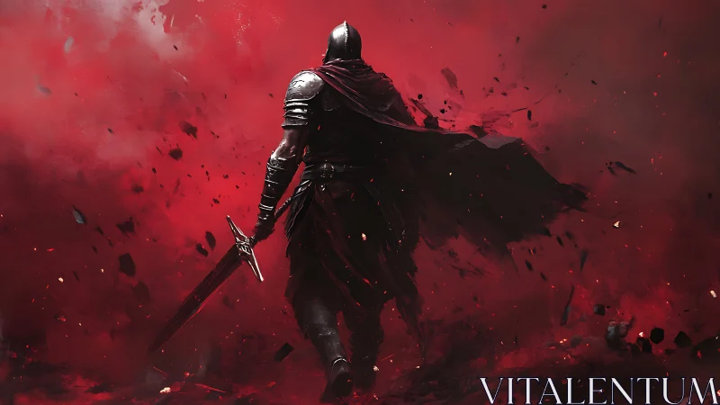 Armored knight strides through particulate red battle haze
