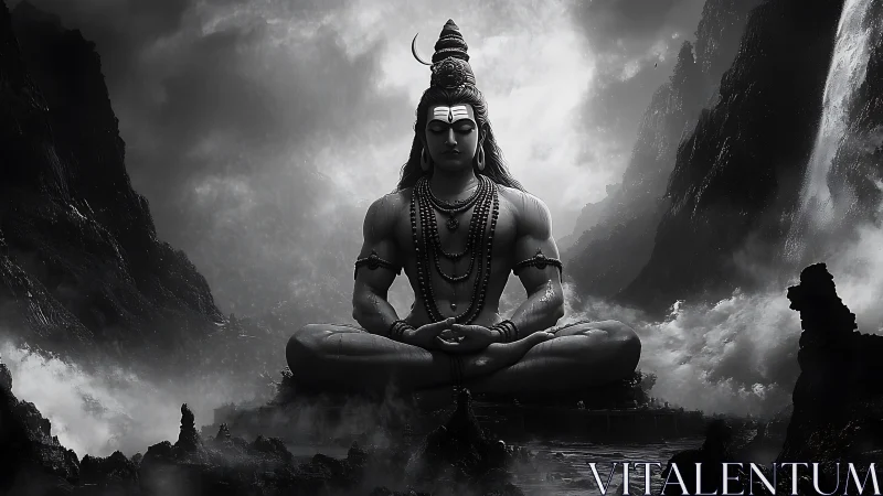 Divine mountain yogi sits in stormy monochrome landscape.