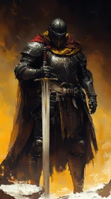 Armored knight grips glowing sword in blazing haze.