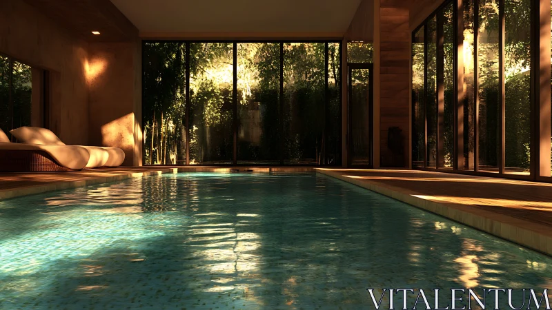 Indoor pool with lounge seating and full-height glass walls.