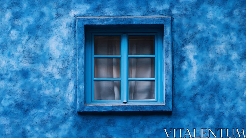 Quiet blue window squared against a cloud-swept wall.