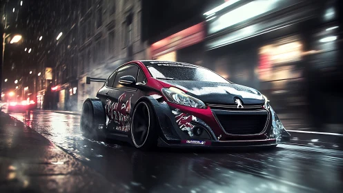 Modified Peugeot races through neon-lit rainy night streets.