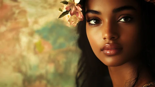Portrait of young woman with flowers against soft backdrop.