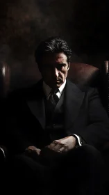 Shadowed gentleman in a leather chair of quiet power.