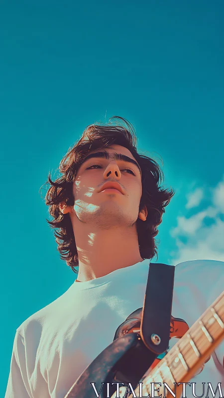 Young guitarist gazes skyward under vibrant blue summer sky