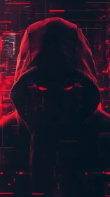 Hooded cyber figure in red digital glitch environment.