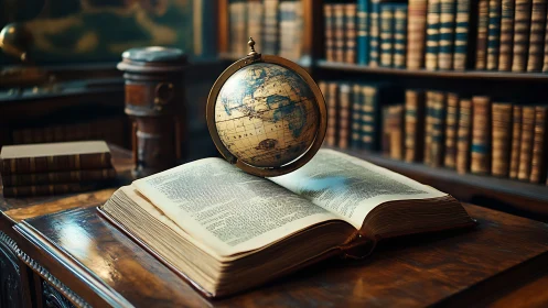 Open antique book and globe on wooden library desk