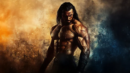 Muscular warrior figure against split warm cool backdrop.