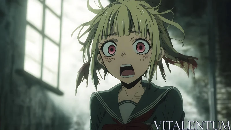 Anime student with shocked expression in dim interior scene.