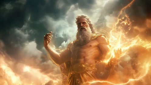 Mythic thunder god stands in glowing storm clouds.