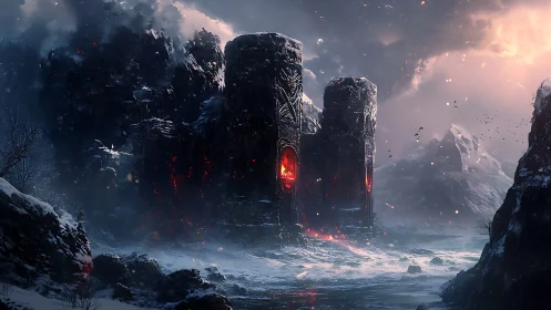 Digital painting of infernal fortress in glacial wasteland.