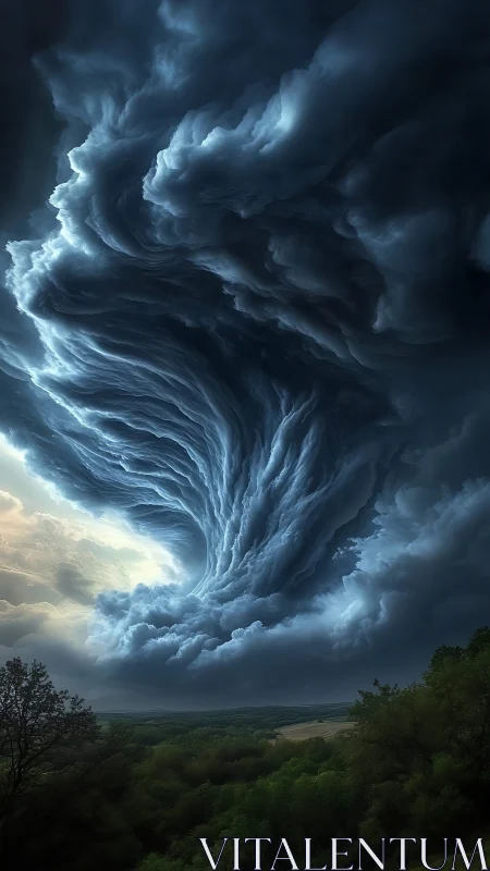 Helical supercell vortex over forested horizon, high detail.