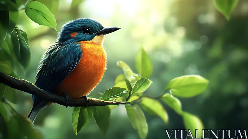 Vibrant blue and orange songbird on leafy branch, digital art style.