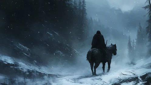 Lone rider crosses frozen forest pass through swirling snowfall