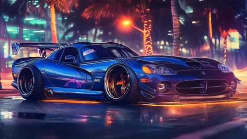 Modified sports coupe on wet neon city street at night.