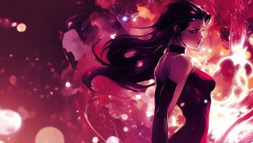 Storm-lit sorceress strides through molten nebula light