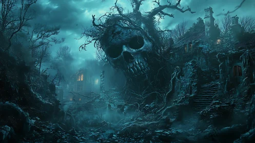 Moonlit skull-tree broods above crumbling haunted village.