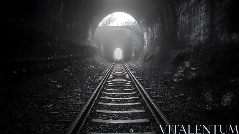 Single rail track extending through dark stone railway tunnel.