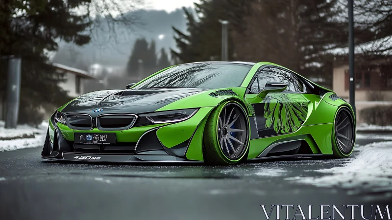 Wide-angle render of neon green custom BMW i8 in winter street