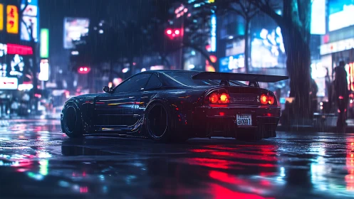 Modified sports car in rainy neon city street at night.