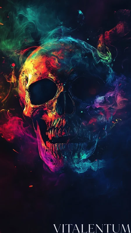 Neon vapor skull pulses through swirling prismatic smoke.