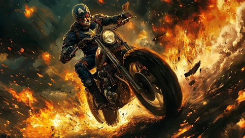 Armored motorcyclist cutting through explosive firestorm at speed