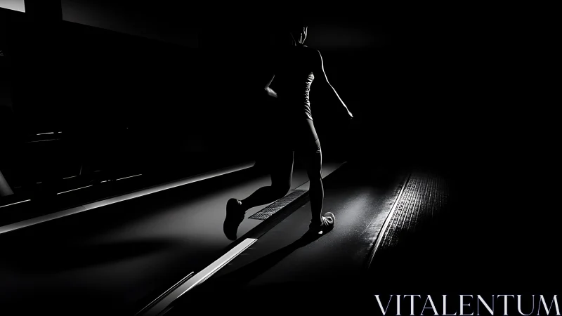 Silhouetted runner on treadmill in low key studio lighting.