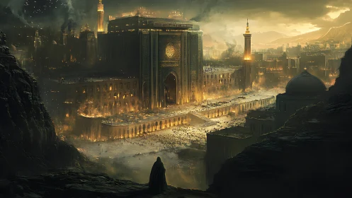 Vast golden cathedral city glows within dark mountain valley