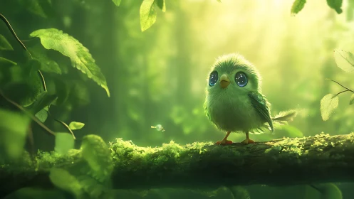 Adorable green cartoon bird on mossy branch in magical forest.