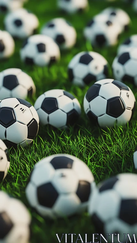 Many black and white soccer balls scattered on green grass.