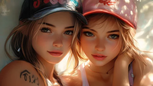 Sunlit cap twins trading secrets in soft summer glow.