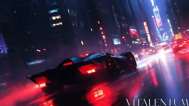 Futuristic supercar races through neon soaked midnight rain