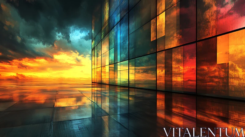 Glass wall with multicolored sky reflections at sunset.