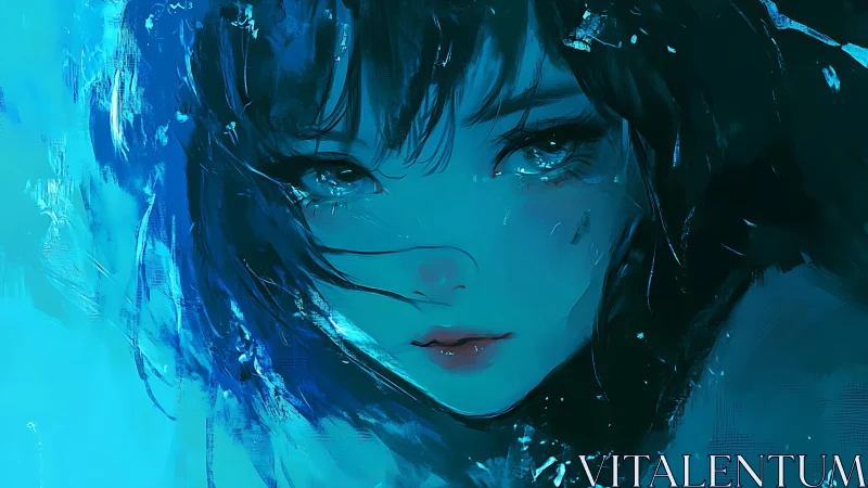 Blue tides cradle a quiet girl painted from liquid light