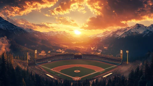 Sunset baseball game glowing in a peaceful mountain valley.