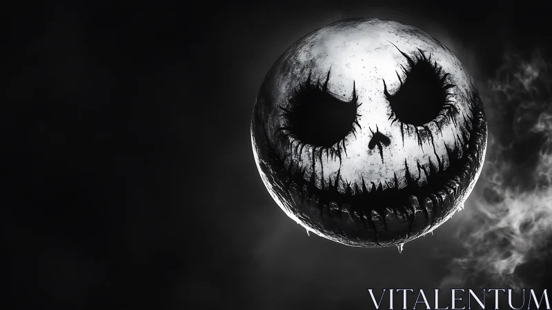 Monochrome spherical skull face amid dark smoke field.