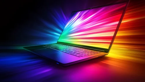 Digital painting of luminous laptop with radiant light trails.