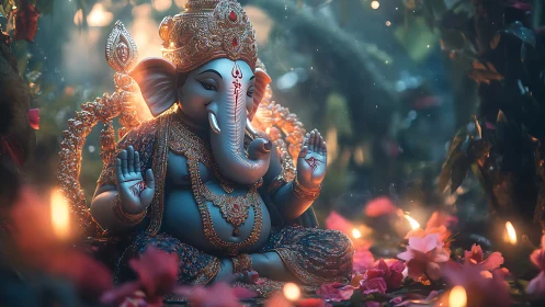 Serene Ganesha idol glows amid flowers and candlelight.