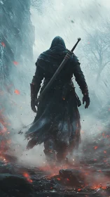 Hooded wanderer strides through emberstormed winter ruins