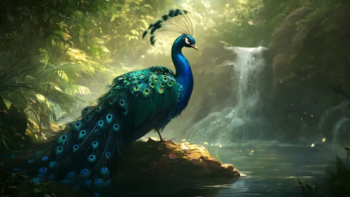 Majestic peacock in lush forest near waterfall, fantasy artwork.